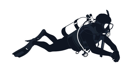 Scuba Diver Silhouette Swimming Underwater Isolated on White Background © Tisa