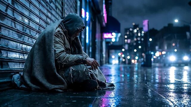 A Lone Homeless Person Huddled In A Dark Alleyway On A Rainy Night Reflecting The City Lights
