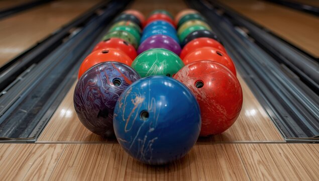 This picture displays a variety of vibrant bowling balls arranged on a lane