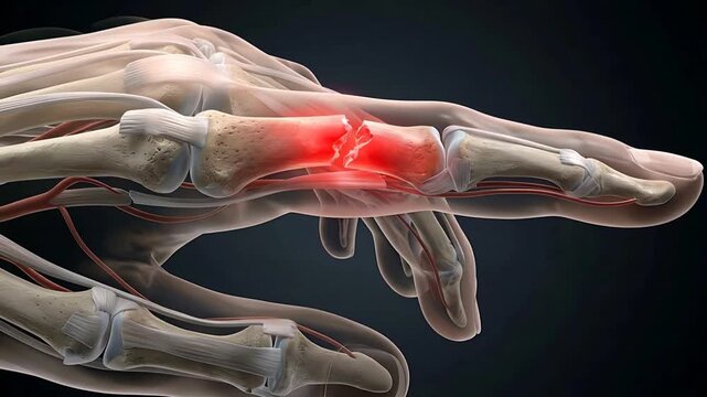 Close-up 3D Medical Animation Illustrating a Fractured Finger Bone With Red Inflammation Highlighted Against a Dark Gradient Background Showing