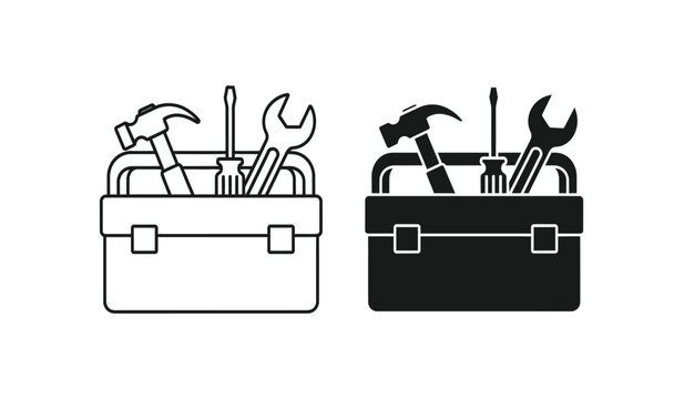 Black and white line icon set of toolboxes with tools inside one filled and one outlined