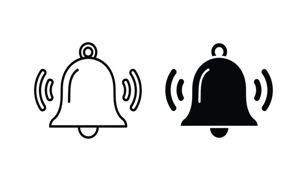 Two ringing bells in black and white with sound waves