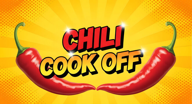 Vibrant chili cook off logo with red peppers on orange background