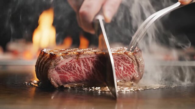 A chef cuts a premium beef steak on a hot grill for professional restaurant marketing ads.