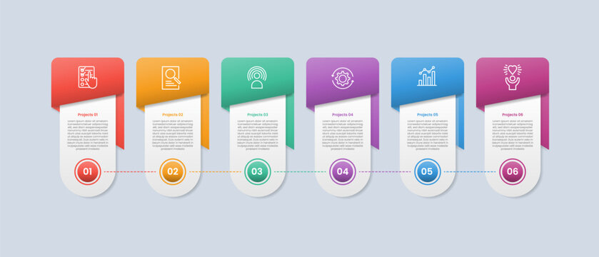 6 points infographic with glossy gradient style with vertical round rectangle with badge ribbon on header top with six segment information