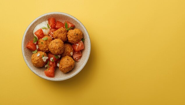 Top view of a plate of tasty falafel, tomatoes, garlic, and sauce on a yellow backdrop, with space for text