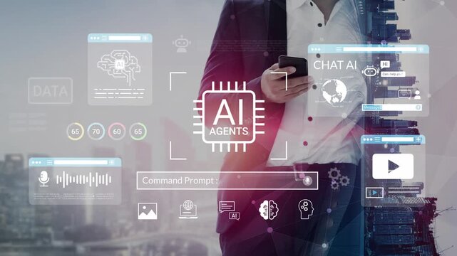 Modern Business Professional Interacting with AI Technology Interfaces through Mobile Device in Urban Environment Gluon.