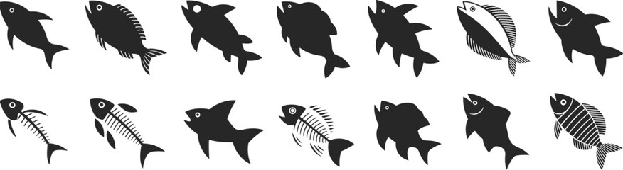 Fish silhouettes collection including whole fish and fish skeleton icons seafood marine animal vector illustration set isolated on white