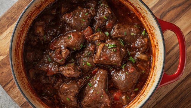 Top view of veal liver stew in red wine sauce in a dish