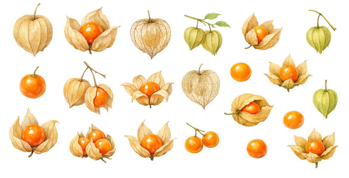 A charming watercolor collection of physalis fruits with papery husks for botanical fruit illustrations and tropical food design.