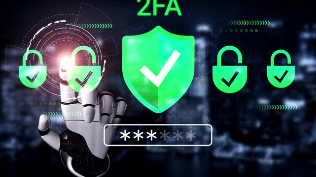 Futuristic digital security concept showcasing two-factor authentication with robotic hand, protection shield, and padlocks against city backdrop Gluon.