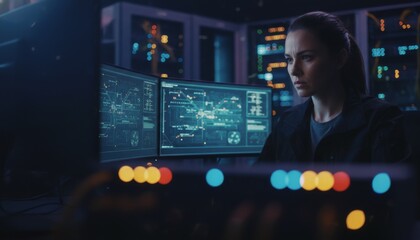 Fototapeta premium Cybersecurity Analyst Monitoring Digital Network Security in Server Room