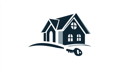 Fototapeta premium Modern rental property logo, elegant house icon with key motif, clean typography, isolated white background, 32k