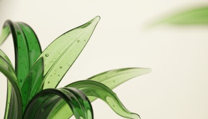 Obraz premium Green glass plant leaves with bubbles on white background