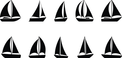 Sailboat silhouettes collection sailing yacht boat marine transportation icons vector illustration set isolated on white background nautical design © Rayhan