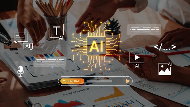Dynamic Collaboration with AI Technology in Modern Business Environment, Featuring Charts, Data Sheets, and Innovative Graphic Elements Gluon.