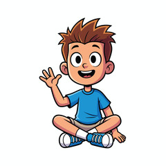 Obraz premium Cute Cartoon Boy Sitting Cross Legged and Waving Kid Character Illustration for Kids Content