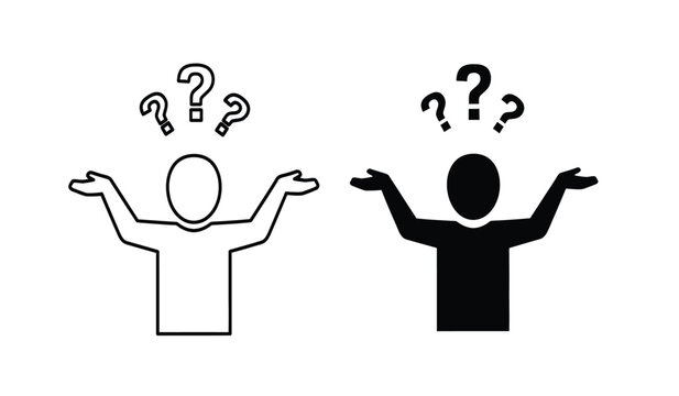 Confused people with question marks thinking about a problem or solution in a simple black and white illustration style