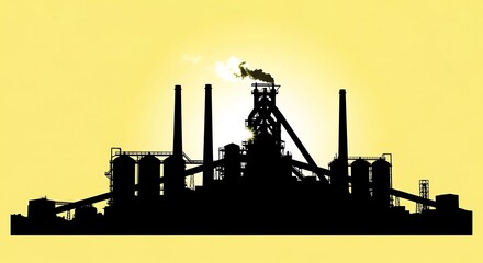 Industrial factory silhouette with smokestacks against vibrant yellow sunset