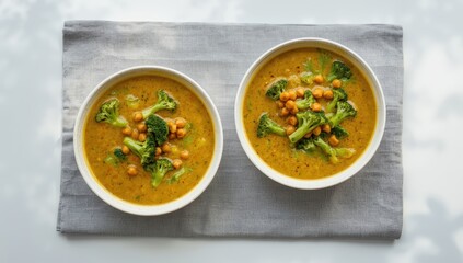Two bowls of hot soup containing broccoli and spicy chickpeas on a grey tablecloth, seen from above