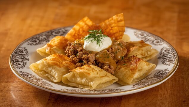 Turkish Silor from Artvin: Rolled dough stuffed with minced meat, served with yogurt and fried butter, alongside dill phyllo
