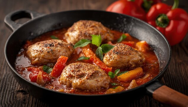 Turkish dish Tavuk sote: saut&eacute;ed chicken in tomato sauce with onions and peppers, served in a frying pan on a wooden surface
