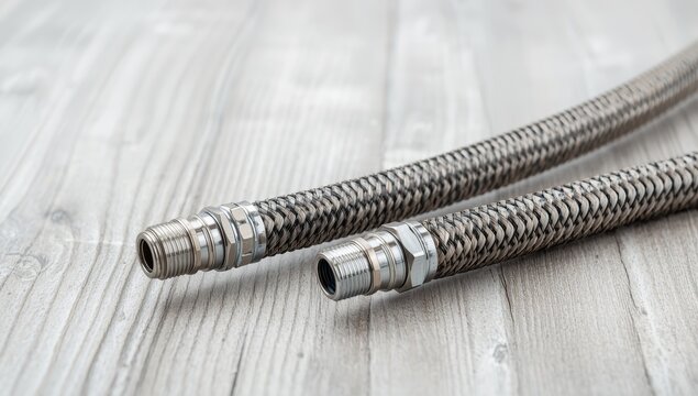 Two flexible water hoses with male threaded ends on a wooden surface