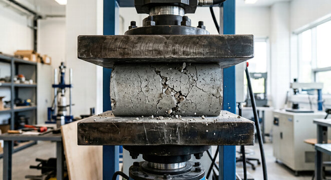 Concrete Cylinder Compression Testing Machine Crushing Sample in Engineering Laboratory for Structural Strength and Infrastructure Material Analysis