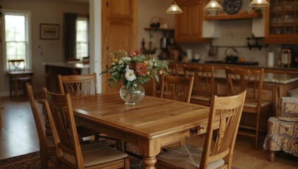 Obraz premium Upright image of a warm kitchen featuring a table and chairs
