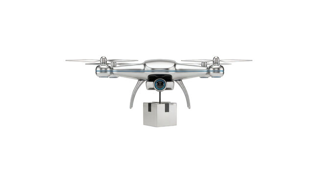 Drone with a package attached underneath isolated on transparent background