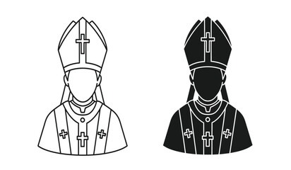Two different colored illustrations of a bishop wearing a mitre and robe with a cross on it