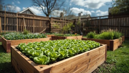 Urban spring vegetable gardening with wooden raised beds for salad lettuce