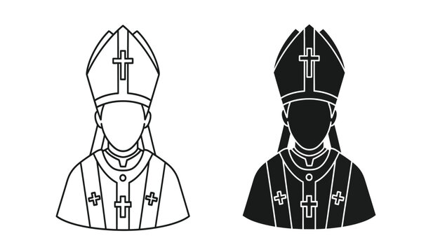 Two different colored illustrations of a bishop wearing a mitre and robe with a cross on it