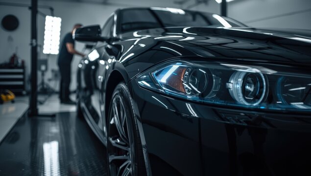Use a swirl detection light to identify paint defects on a black car in a detailing studio prior to polishing or applying ceramic coating