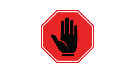 Obraz premium A vibrant red octagonal stop sign displays a black hand gesture indicating a firm halt silhouette high quality