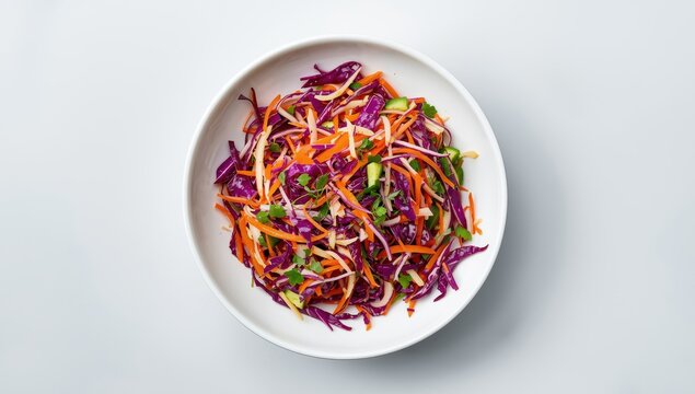 Vegan cole slaw with red cabbage, carrot, and bell pepper in a white bowl, viewed from above, square format