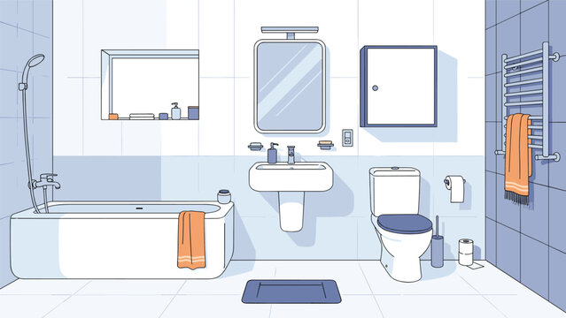 Clean and modern bathroom interior design in shades of blue and white featuring a bathtub sink toilet mirror and heated towel rack.