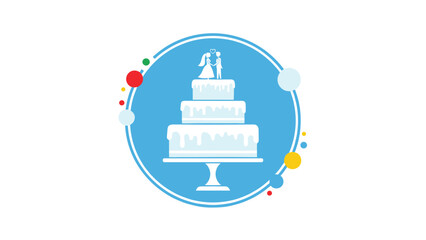 Naklejka premium Elegant wedding cake icon with a bride and groom topper inside a blue circle with colorful decorative dots.