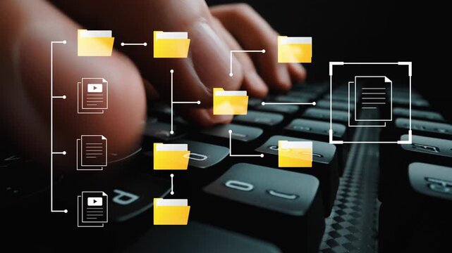 Organized Digital Folders Management Concept with Hands Typing on Keyboard for File Organization and Productivity Enhancement in a Modern Office Gluon.