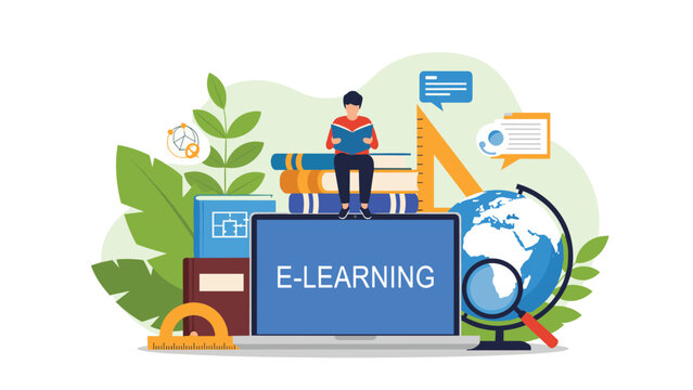 Modern e-learning concept illustration showing a student sitting on a stack of books while using a laptop for online education and study.