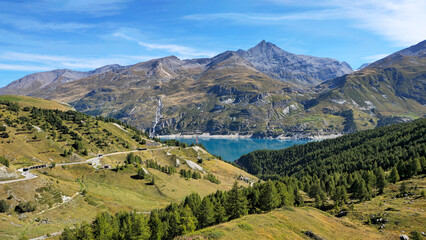 Obraz premium Lake Lac du Chevril in the mountain landscape, French Alps, Tignes, Savoie, France, Europe.