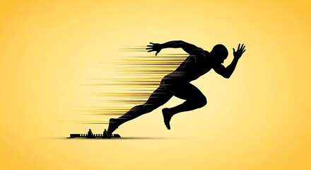 Dynamic silhouette of athlete sprinting with motion blur on yellow background
