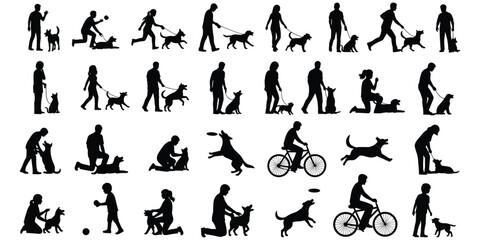Fototapeta premium Dog companionship silhouette illustration set, black line art design, pet care motif, walking training artwork, play fetch symbol, decorative motif, flat vector drawing
