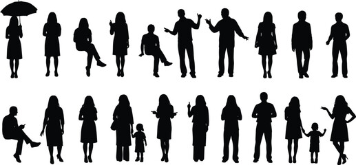 Diverse people silhouettes collection, standing, sitting and gesturing poses, everyday life characters, social interaction, lifestyle body language © pickyrs