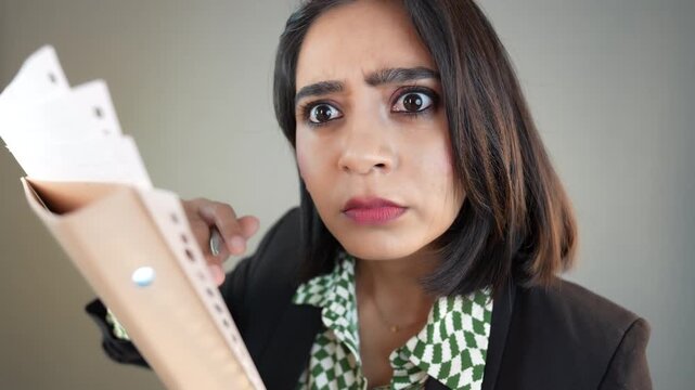 Close up headshot of shocked surprised young Asian businesswoman boss manager hold document file and pen looking at camera with astonished face expression, isolated over grey studio background.