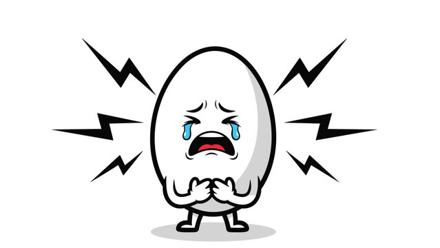 Sad egg character cries loudly with tears streaming down its face while surrounded by sharp black jagged lines symbolizing stress or loud disturbing noise.