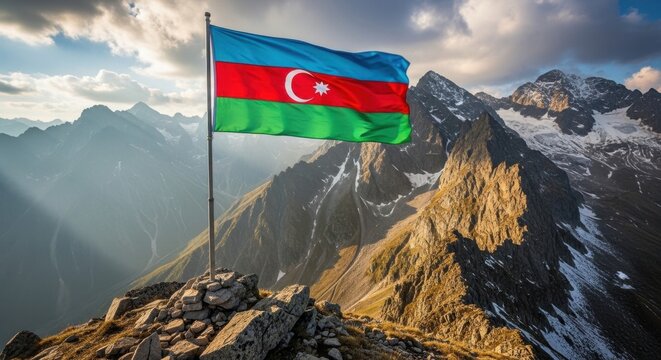 Azerbaijani Flag and the Caucasus Mountains