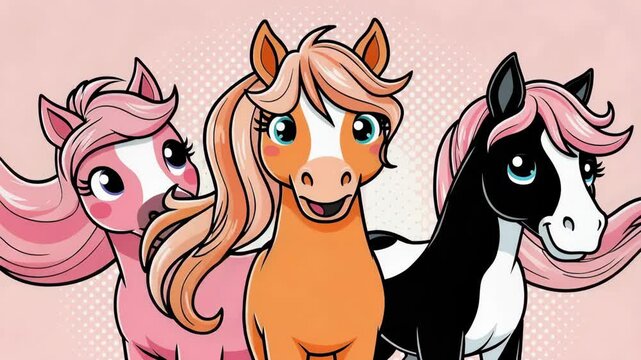 Cute cartoon ponies with colorful manes and big eyes on a pastel pink background