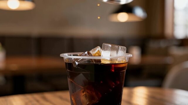 Refreshing iced coffee being poured into a plastic cup with ice cubes in a cozy cafe setting