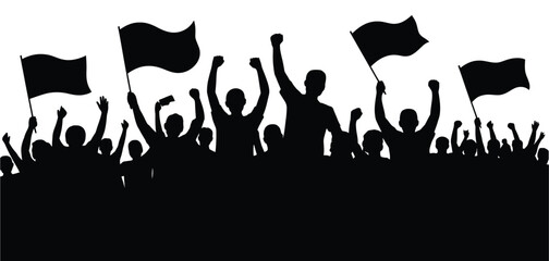 A crowd of silhouetted people waving flags and raising their arms in celebration